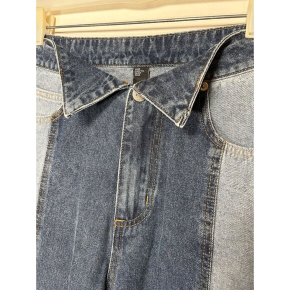 CIDER Color Block Stripe Straight Leg Jeans Shirt Collar Fold Front Waist Large - Picture 2 of 6